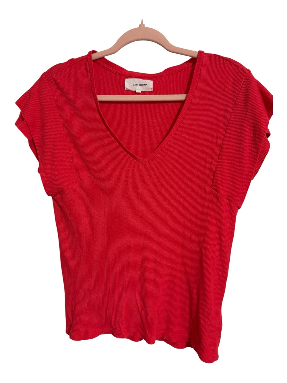 Dear John Red Ribbed V-Neck Short Sleeve Tee